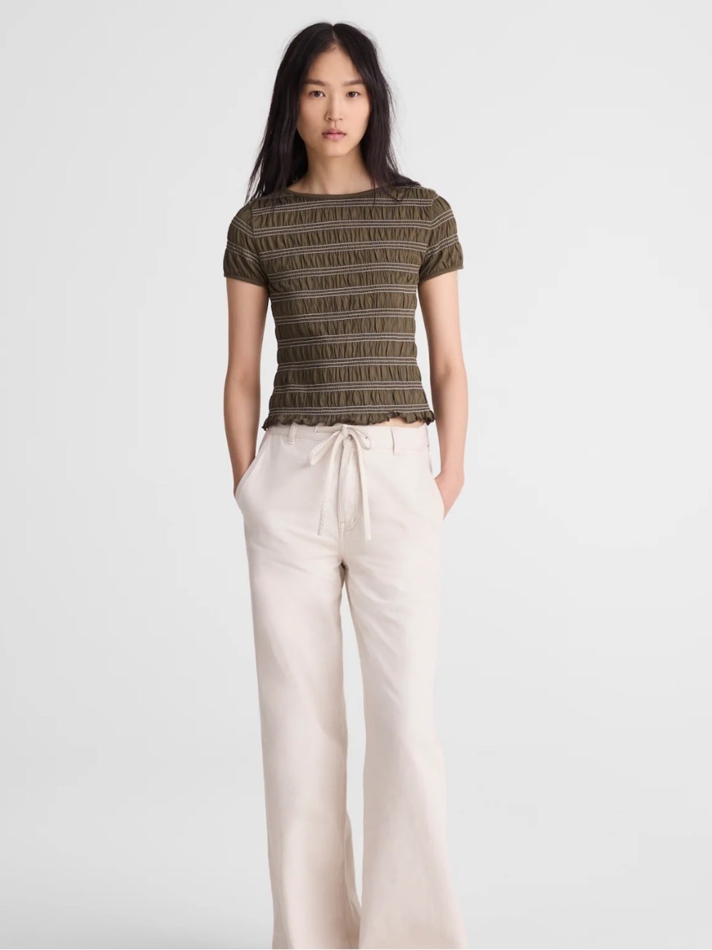 Madewell faced ivy green Smocked Short-Sleeve Top